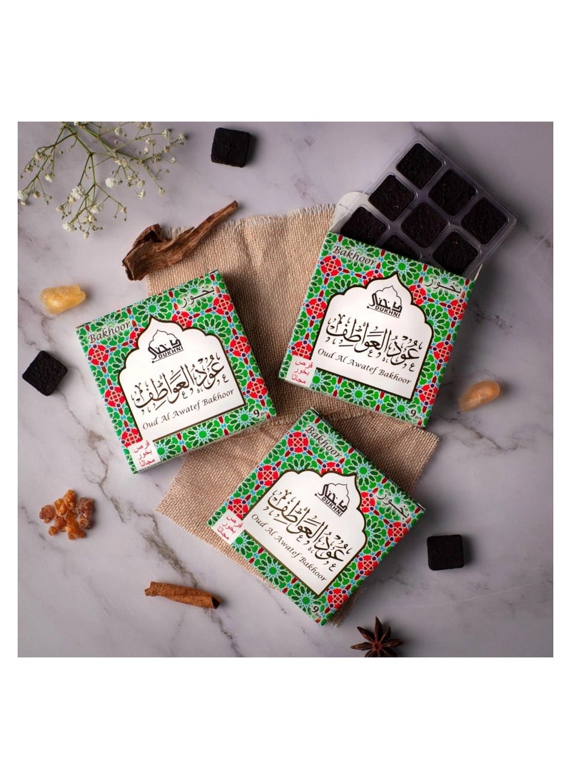 DUKHNI Oud Al Awatef Bakhoor  | 3 boxes x 9 Piece each | Arabic Bakhoor Incense| Fresh Citrus Oud Blend | Perfect for Prayer Time | To Relax & Meditate | Handmade Traditional recipe - Image 1