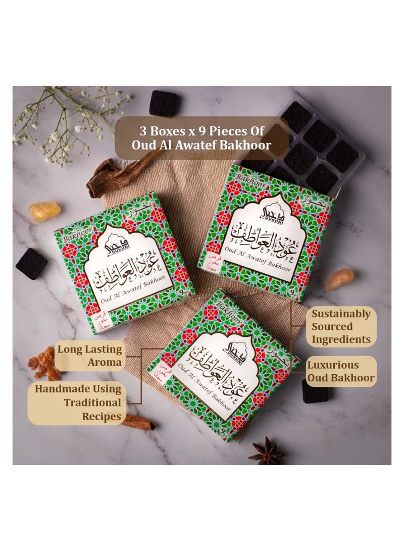 DUKHNI Oud Al Awatef Bakhoor  | 3 boxes x 9 Piece each | Arabic Bakhoor Incense| Fresh Citrus Oud Blend | Perfect for Prayer Time | To Relax & Meditate | Handmade Traditional recipe - Image 2