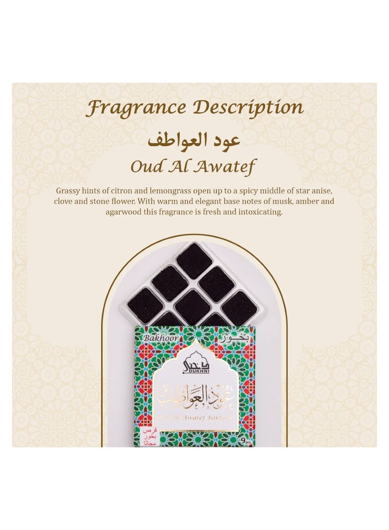 DUKHNI Oud Al Awatef Bakhoor  | 3 boxes x 9 Piece each | Arabic Bakhoor Incense| Fresh Citrus Oud Blend | Perfect for Prayer Time | To Relax & Meditate | Handmade Traditional recipe - Image 3