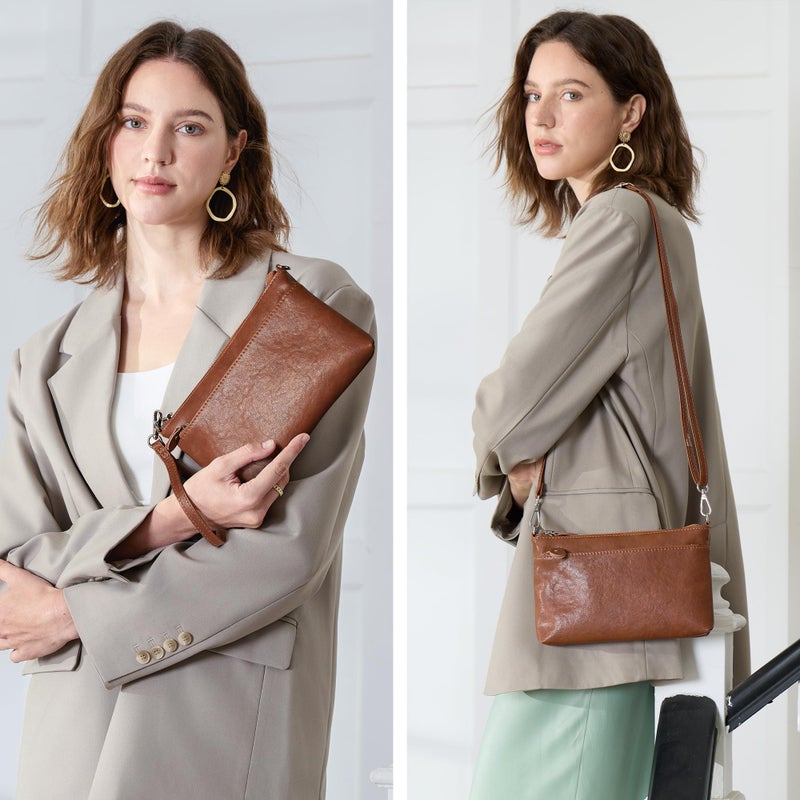 befen Leather Wristlet Wallets for Women, RFID Blocking Small Crossbody Bags, Women Leather Purses Handbags Shoulder Bag Trendy Clutch Purse with Adjustable Shoulder Strap and Wrist Strap, Brown - Image 2