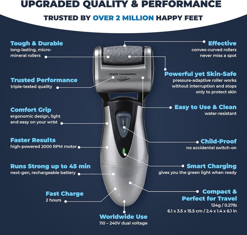 Own Harmony Electric Callus Remover for Feet: Best Pedicure Tools for Men by with 3 Rollers (Powerful), Electronic Pedi Care Spa Foot File - Perfect for Hard, Cracked, Dry, Dead Skin (USB Cable) - Image 4