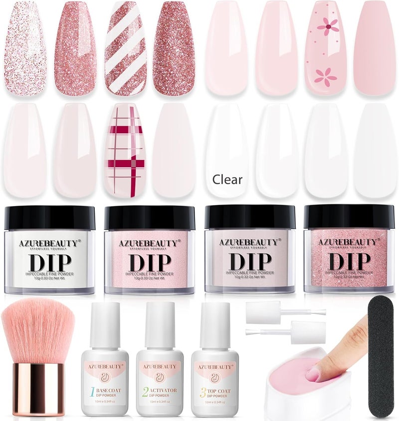 AZUREBEAUTY Dip Powder Nail Kit Starter, 4 Colors Pink Tones Dipping Powder Set, French Nail Art Base Top Coat Activator Liquid All Seasons Manicure DIY Salon 12 PCS All budget friendly options - Image 1