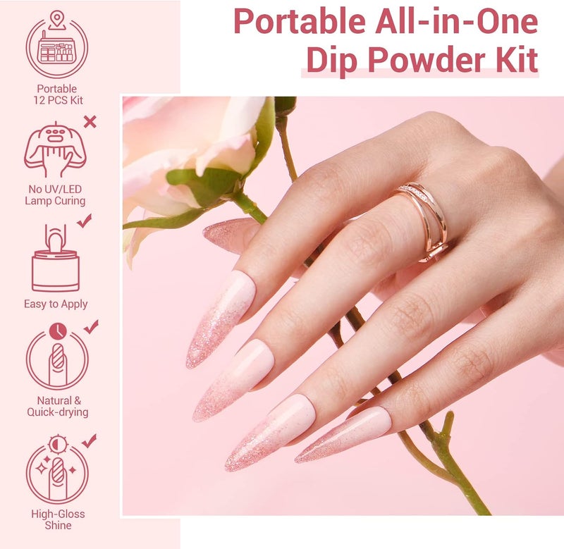 AZUREBEAUTY Dip Powder Nail Kit Starter, 4 Colors Pink Tones Dipping Powder Set, French Nail Art Base Top Coat Activator Liquid All Seasons Manicure DIY Salon 12 PCS All budget friendly options - Image 2
