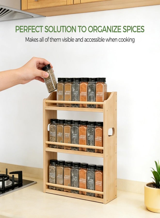 Bambition Bamboo Spice Rack Organizer, 3 Tier Spice Storage Rack with Handles, Wood Seasoning Jars Shelf for Kitchen Counter, Pantry or Wall Mounting - Image 4