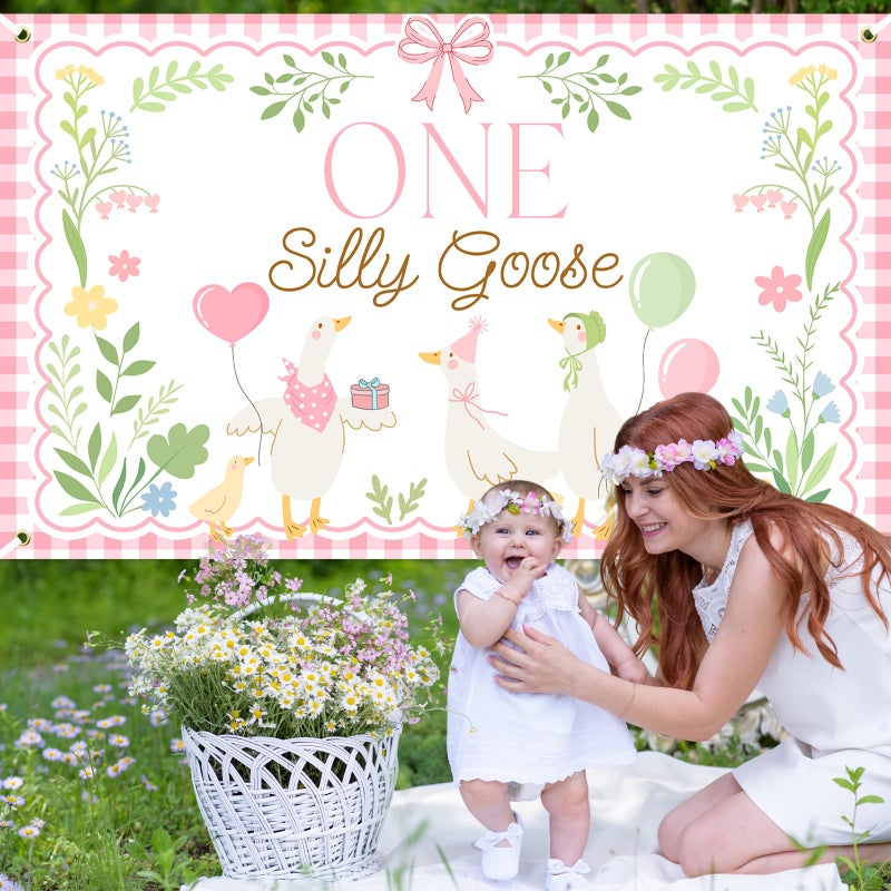 Avezano One Silly Goose Backdrop Banner for Kids Goose 1st Birthday Party Decoration Duck Farm Barnyard 1st First Birthday Party Supplies (Pink, 6x3.6ft) - Image 3
