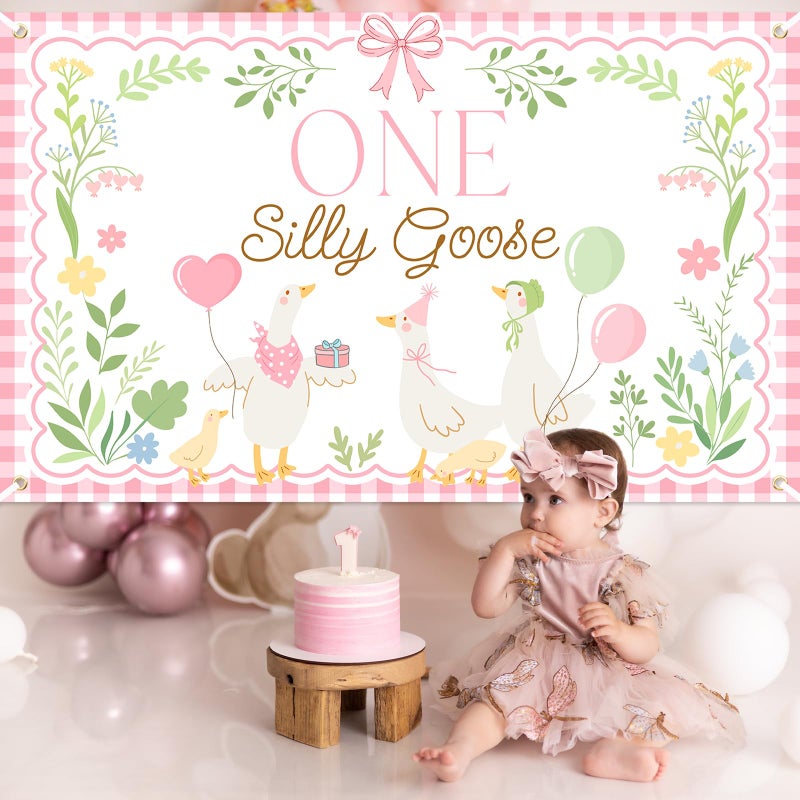 Avezano One Silly Goose Backdrop Banner for Kids Goose 1st Birthday Party Decoration Duck Farm Barnyard 1st First Birthday Party Supplies (Pink, 6x3.6ft) - Image 5