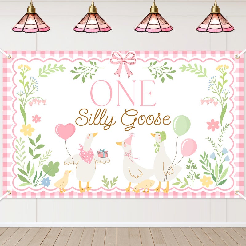 Avezano One Silly Goose Backdrop Banner for Kids Goose 1st Birthday Party Decoration Duck Farm Barnyard 1st First Birthday Party Supplies (Pink, 6x3.6ft) - Image 1
