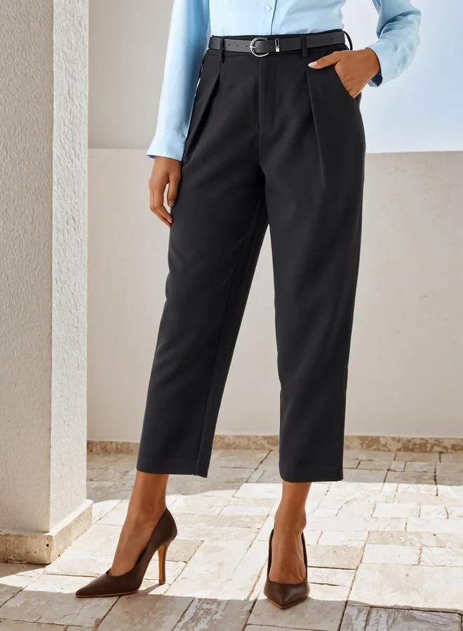 Iconic Iconic Regular Fit Belted Pegged Pants with Pockets