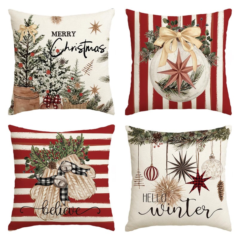 AVOIN colorlife AVOIN colorlife Merry Christmas Balls Eucalyptus Holly Berries Gloves Throw Pillow Covers  16 x 16 Inch Xmas Winter Holiday Red Stripes Cushion Case Decoration for Sofa Couch Set of 4  - Image 1