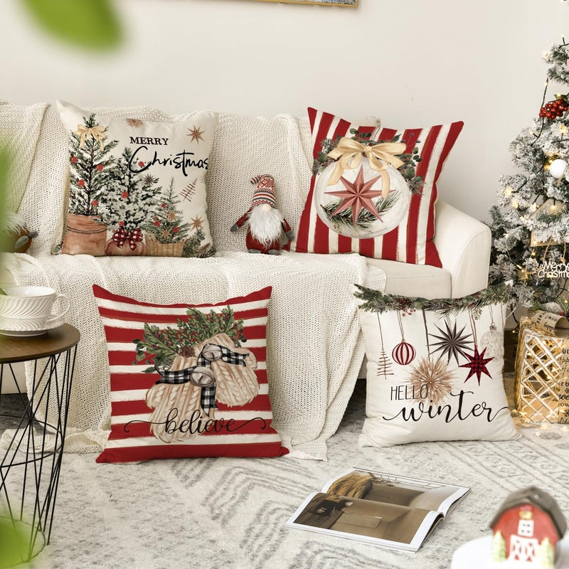 AVOIN colorlife AVOIN colorlife Merry Christmas Balls Eucalyptus Holly Berries Gloves Throw Pillow Covers  16 x 16 Inch Xmas Winter Holiday Red Stripes Cushion Case Decoration for Sofa Couch Set of 4  - Image 2