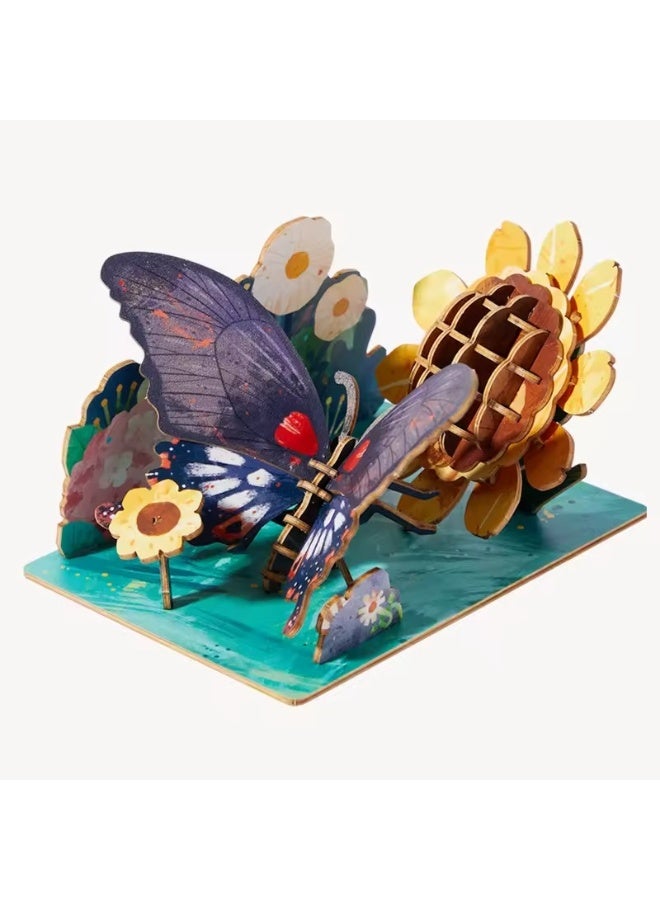 MiDeer 3D Wooden Insect Puzzle Papilio Memnon Butterfly with Sunflower Scene, 63 PCS DIY Interlocking Wooden Model Kit, Educational STEM Building Puzzle Toy & Desk Decoration for Kids Ages 8+ - Image 3