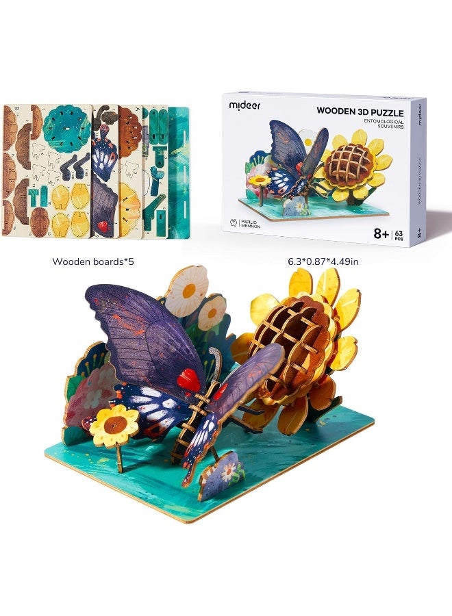 MiDeer 3D Wooden Insect Puzzle Papilio Memnon Butterfly with Sunflower Scene, 63 PCS DIY Interlocking Wooden Model Kit, Educational STEM Building Puzzle Toy & Desk Decoration for Kids Ages 8+ - Image 1
