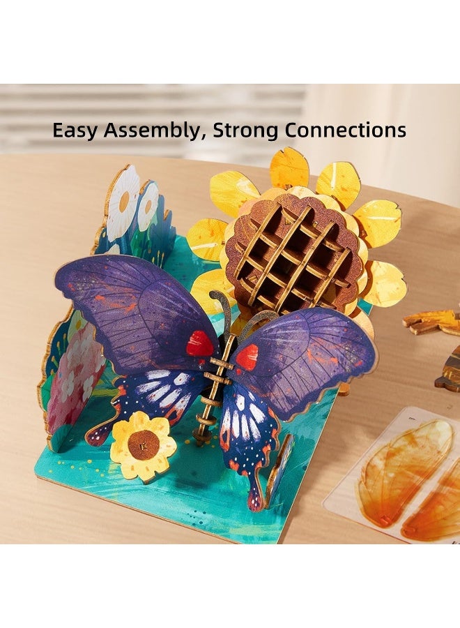 MiDeer 3D Wooden Insect Puzzle Papilio Memnon Butterfly with Sunflower Scene, 63 PCS DIY Interlocking Wooden Model Kit, Educational STEM Building Puzzle Toy & Desk Decoration for Kids Ages 8+ - Image 4