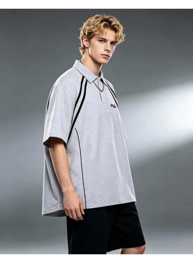 FILA Contrasting Semi-Zipped Polo Shirt for Men and Women Summer Loose Shoulder Short Sleeve Retro Lapel T-shirt - Image 4
