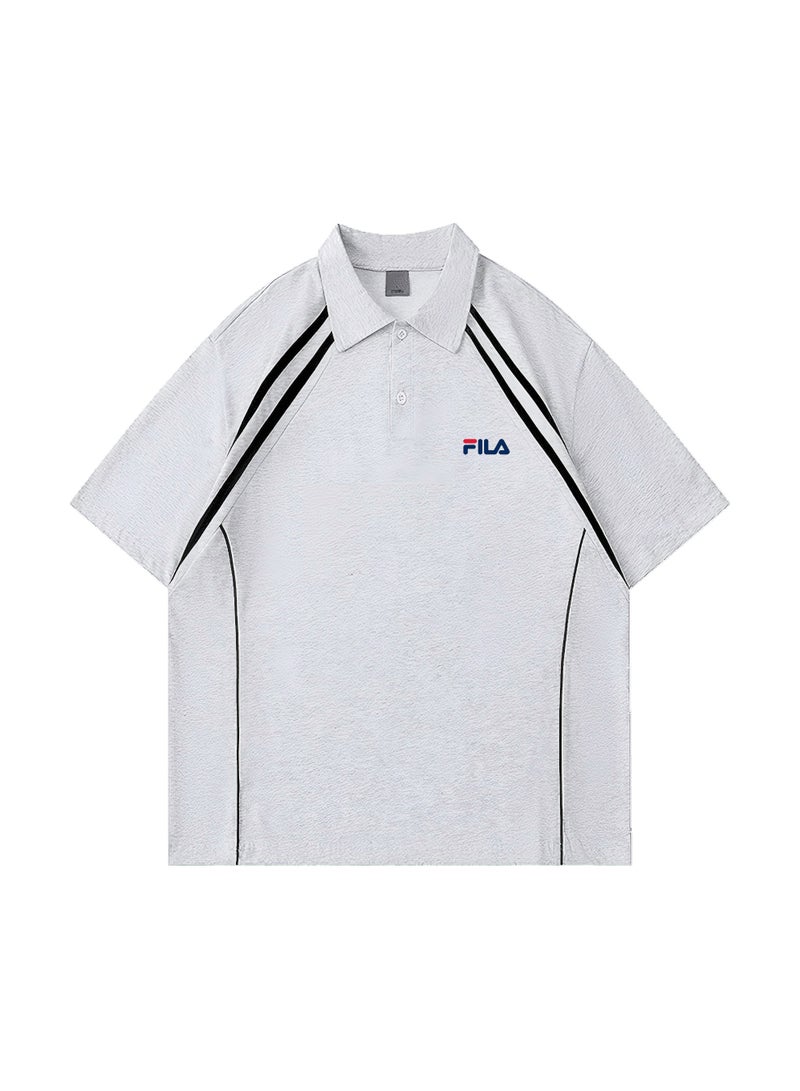 FILA Contrasting Semi-Zipped Polo Shirt for Men and Women Summer Loose Shoulder Short Sleeve Retro Lapel T-shirt - Image 3