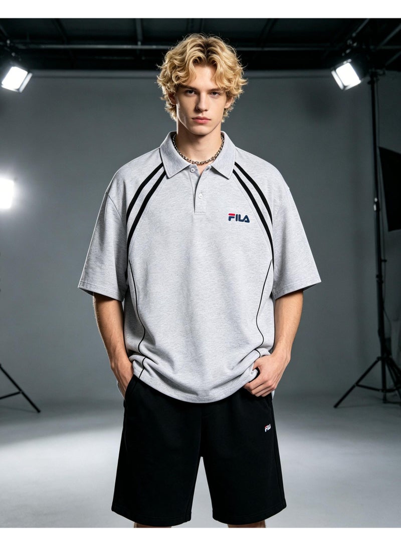 FILA Contrasting Semi-Zipped Polo Shirt for Men and Women Summer Loose Shoulder Short Sleeve Retro Lapel T-shirt - Image 5