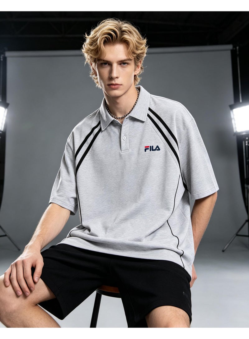 FILA Contrasting Semi-Zipped Polo Shirt for Men and Women Summer Loose Shoulder Short Sleeve Retro Lapel T-shirt - Image 1