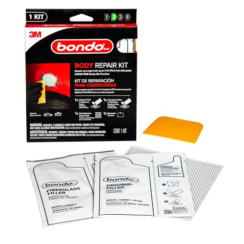 Bondo Body Repair Kit Ready Mix Pouches, Repairs One Large Hole Up to 3" with Patch, 1 Original Filler & Hardener, 1 Fiberglass Filler & Hardener, 1 Self-Adhesive Body Patch, 1 Spreader (BRKIT-2PK-ES) - Image 1