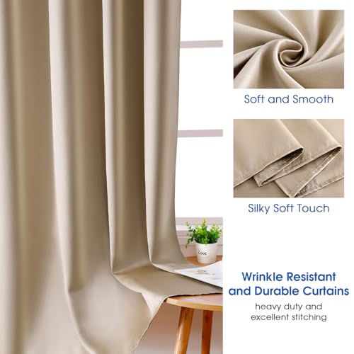 HOMEIDEAS 2 Panels Beige Faux Silk Blackout Curtains, 52 X 108 Inch Champagne Gold Room Darkening Satin Thermal Insulated Window Drapes for Bedroom, Indoor, Nursery - Image 3