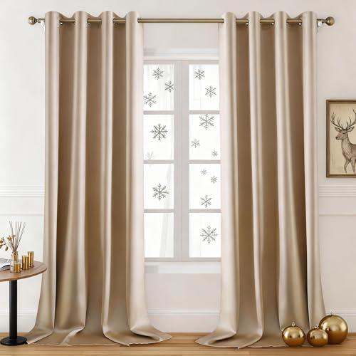 HOMEIDEAS 2 Panels Beige Faux Silk Blackout Curtains, 52 X 108 Inch Champagne Gold Room Darkening Satin Thermal Insulated Window Drapes for Bedroom, Indoor, Nursery - Image 1