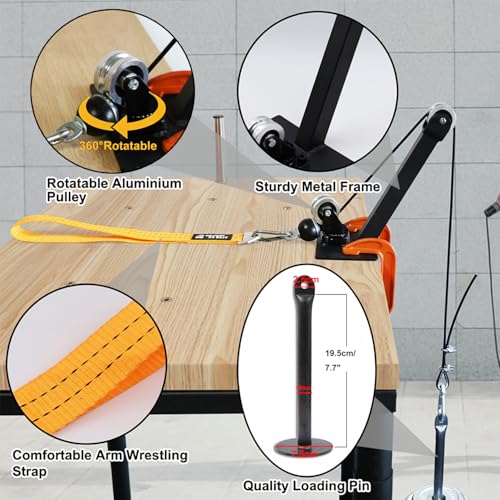 Lights Mountain Arm Wrestling Pulley Training System Kit for Table - Professional Forearm & Wrist Strengthener with Aluminum Rotating Pulleys, Adj. 1.5m Cable, Loading Pin, Training Strap for Home Gym - Image 5