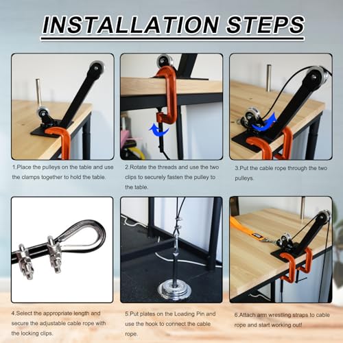 Lights Mountain Arm Wrestling Pulley Training System Kit for Table - Professional Forearm & Wrist Strengthener with Aluminum Rotating Pulleys, Adj. 1.5m Cable, Loading Pin, Training Strap for Home Gym - Image 3