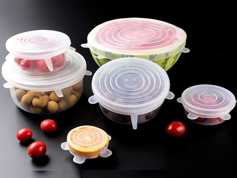 Bluwings 6Pcs Silicon Stretchable Reusable Covers for Bowls Plates Mug Bottle Jar Cans and Flexible Fruit Fresh Wrap Lids (White) - Image 1