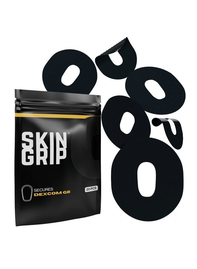 SKIN GRIP Adhesive Patches for Dexcom G6 CGM – Waterproof & Sweatproof Adhesive for 10-14 Days, Pre-Cut Adhesive Medical Tape, Continuous Glucose Monitor Sensor Cover – 20 Pack, Black - Image 1