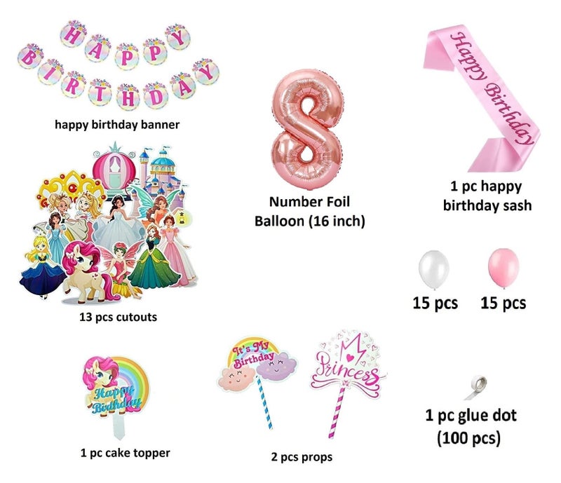 FI - FLICK IN 50 pcs Happy 8th Birthday Decoration Kit for Girls Car Castle Cutouts Princess Sash Led Light Princess Birthday Decoration Number 8 Foil Balloon (Pack of 50, Pink) - Image 2