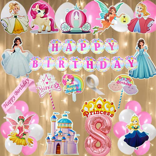 FI - FLICK IN 50 pcs Happy 8th Birthday Decoration Kit for Girls Car Castle Cutouts Princess Sash Led Light Princess Birthday Decoration Number 8 Foil Balloon (Pack of 50, Pink) - Image 1