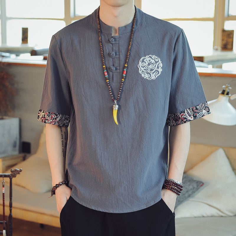 Embroidered Linen Short-sleeved T-shirt Men's Summer Thin Loose Trendy Brand plus size Tang Chinese Style Cotton and Linen Buckle T-shirt - Image 1