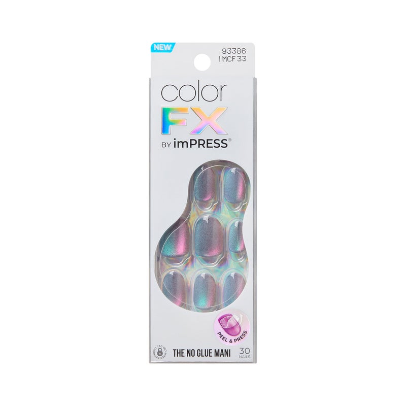 Impress KISS imPRESS No Glue Mani Press On Nails, ColorFX, 'Fly Up', Silver, Short Size, Oval Shape, Includes 30 Nails, Prep Pad, Instructions Sheet, 1 Manicure Stick, 1 Mini File - Image 1