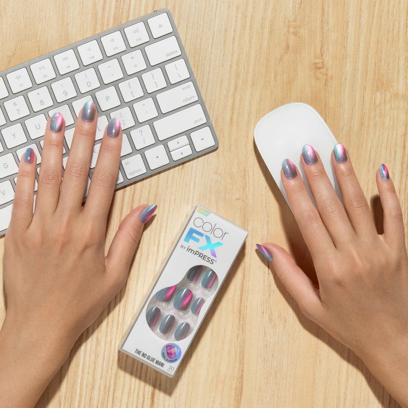 Impress KISS imPRESS No Glue Mani Press On Nails, ColorFX, 'Fly Up', Silver, Short Size, Oval Shape, Includes 30 Nails, Prep Pad, Instructions Sheet, 1 Manicure Stick, 1 Mini File - Image 3