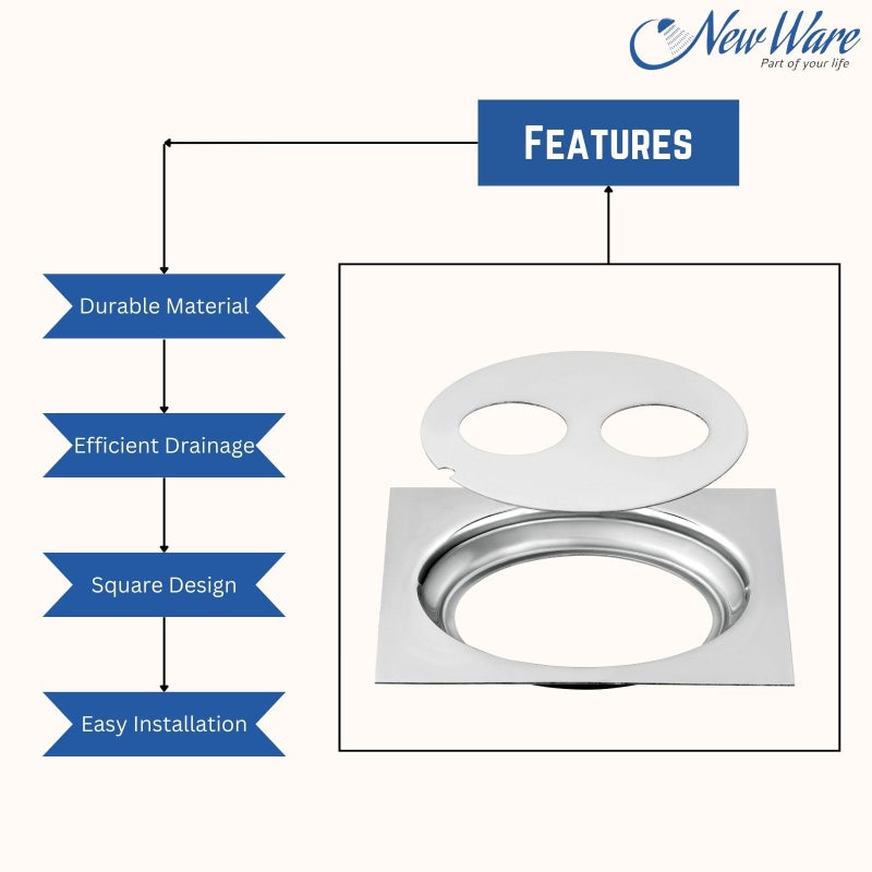 NEW WARE® 5 * 5 Inch Stainless Steel Bathroom Jali/Trap Floor Drain with Double Hole - Chrome Finish - Image 4