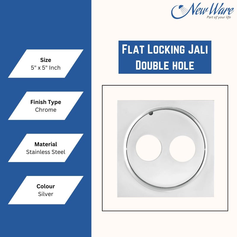 NEW WARE® 5 * 5 Inch Stainless Steel Bathroom Jali/Trap Floor Drain with Double Hole - Chrome Finish - Image 3
