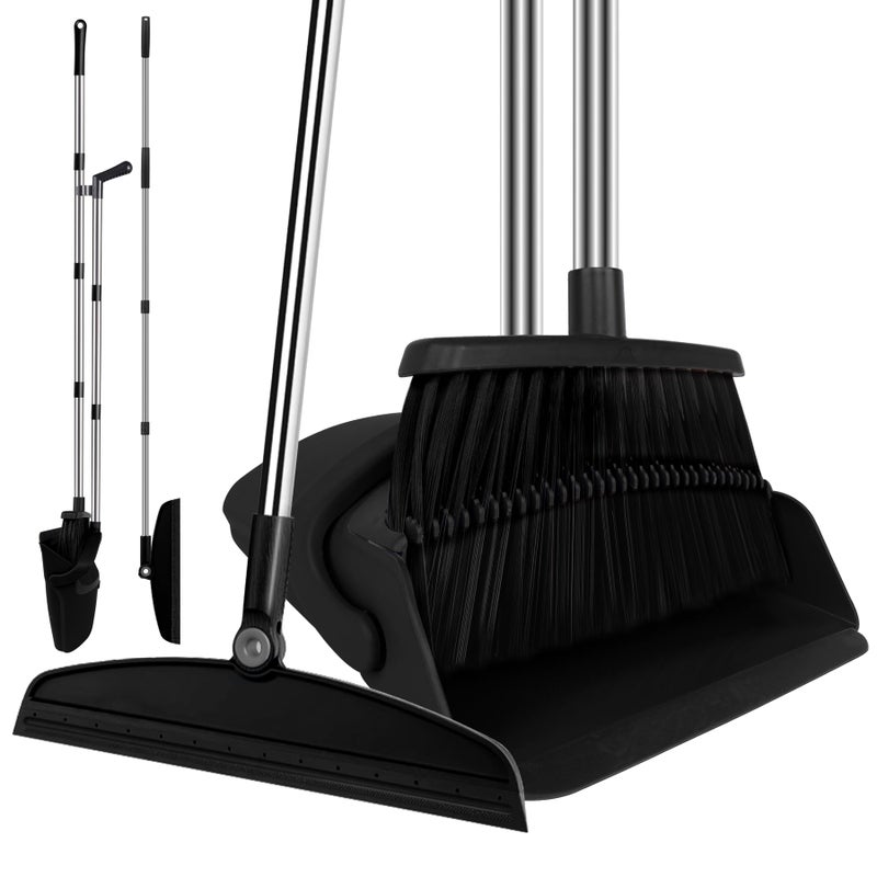 UDUK Broom with Dustpan Combo Set and Silicone Air Broom Kit, 51" Long Handle Floor Squeegee, Black Household Kit for Glass Window Rugs Pet Hair Home - Image 1