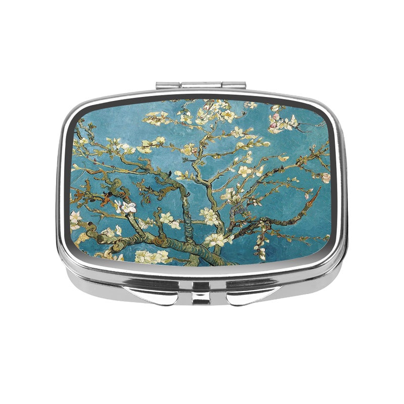 Dynippy Pill Case Pill Box with Mirror Retro Pocket 2 Compartment Medicine Case Vitamin Pill Organizer for Pocket Purse and Travel (Silver-Almond Blossom) - Image 1