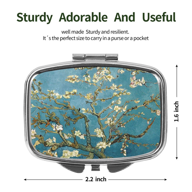 Dynippy Pill Case Pill Box with Mirror Retro Pocket 2 Compartment Medicine Case Vitamin Pill Organizer for Pocket Purse and Travel (Silver-Almond Blossom) - Image 2