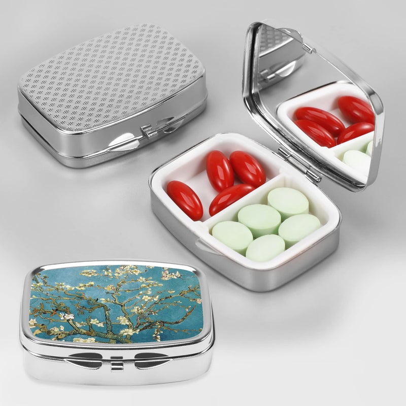 Dynippy Pill Case Pill Box with Mirror Retro Pocket 2 Compartment Medicine Case Vitamin Pill Organizer for Pocket Purse and Travel (Silver-Almond Blossom) - Image 4