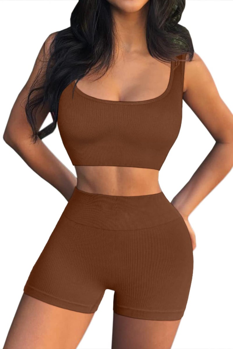 QINSEN Workout Sets for Women 2 Piece Seamless Ribbed Crop Tank High Waist Shorts Yoga Outfits (L, Brown) - Image 3
