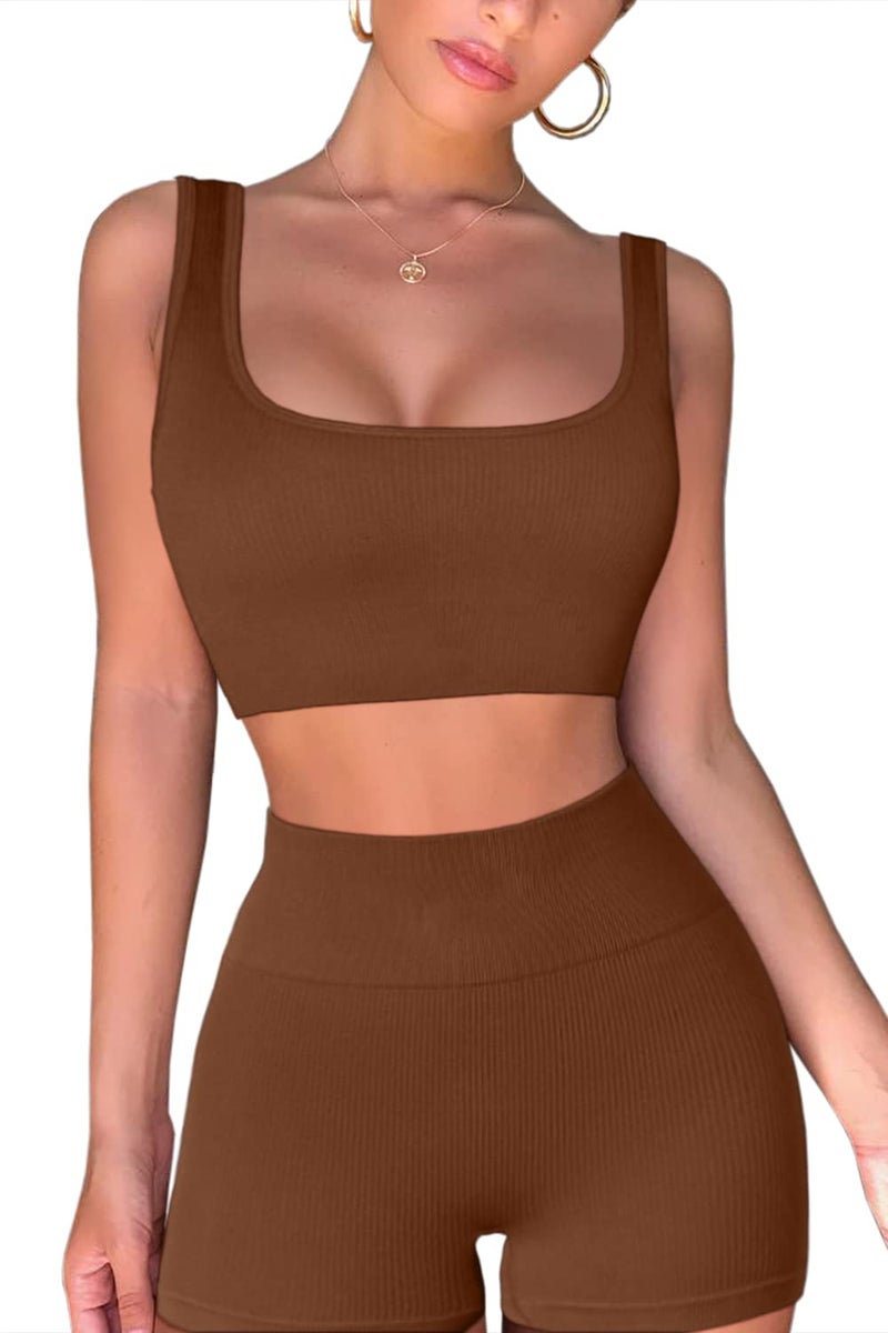 QINSEN Workout Sets for Women 2 Piece Seamless Ribbed Crop Tank High Waist Shorts Yoga Outfits (L, Brown) - Image 4
