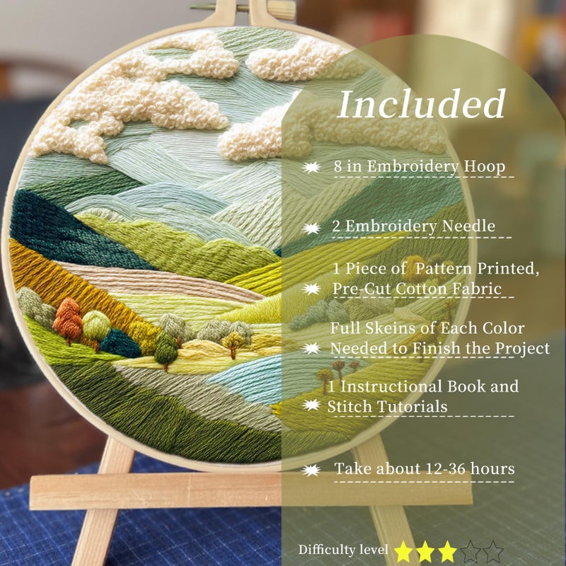 FONNUY Embroidery Kit for Beginners, Nature Hills Landscape Pre-Stamped Pattern Kits for Adults with Hoop, Easy to Follow Color Thread Needlework, 8'' Hoop (Rolling Mountains) - Image 2