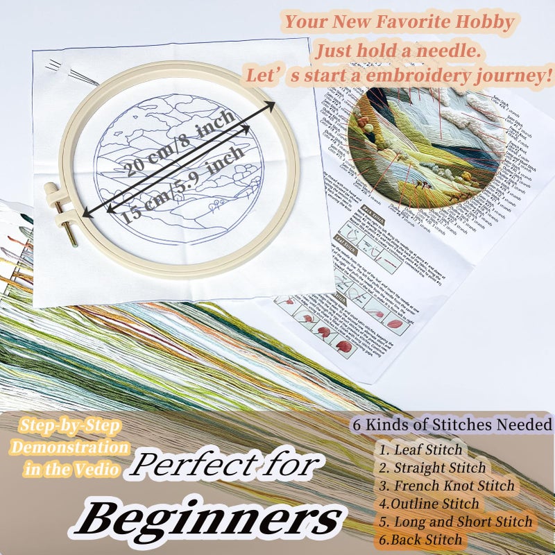 FONNUY Embroidery Kit for Beginners, Nature Hills Landscape Pre-Stamped Pattern Kits for Adults with Hoop, Easy to Follow Color Thread Needlework, 8'' Hoop (Rolling Mountains) - Image 5