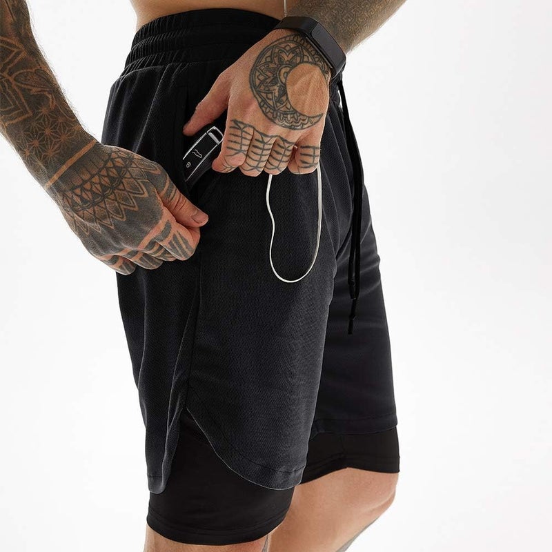 JWJ 3 Pack Men's 2 in 1 Workout Running Shorts 7 Inch Lightweight Athletic Gym Shorts with Compression Liner Black Dark Grey Red L - Image 2