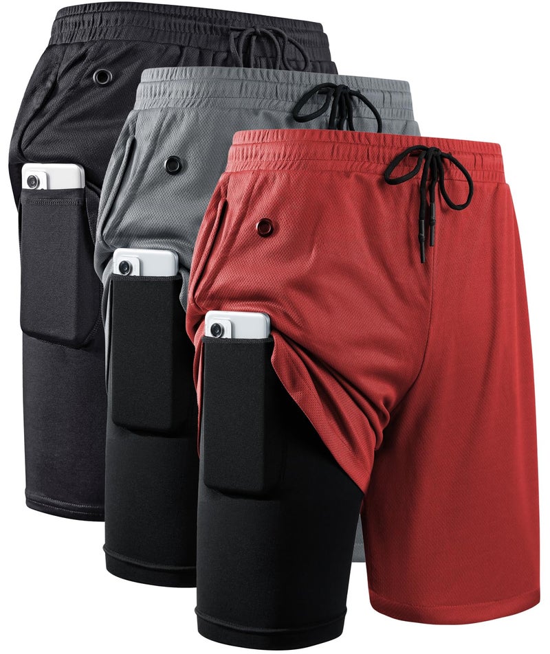 JWJ 3 Pack Men's 2 in 1 Workout Running Shorts 7 Inch Lightweight Athletic Gym Shorts with Compression Liner Black Dark Grey Red L - Image 1