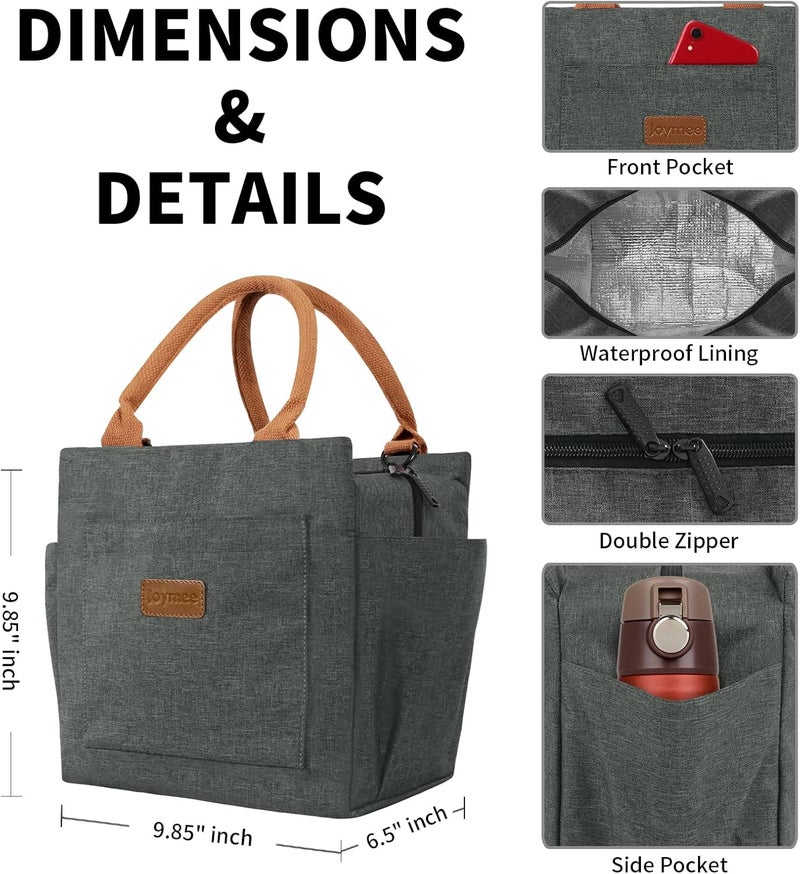 Joymee Lunch Bag Women Insulated Lunch Box Reusable Leakproof Large Spacious Cooler Tote for Womens Mens Adults with Bottle Holder and Side Pockets for Work Office Travel Picnic -Charcoal Gray - Image 2