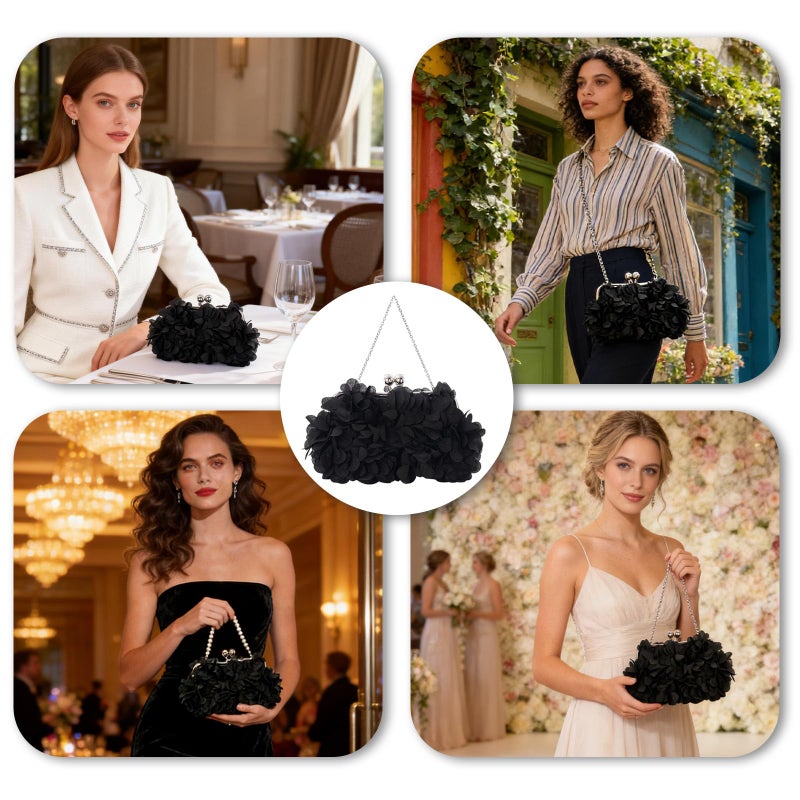 JAMBHALA Women Elegant Evening Purse, Small Floral Clutch Bag with Detachable Chain for Wedding, Party, Prom (Black) - Image 2
