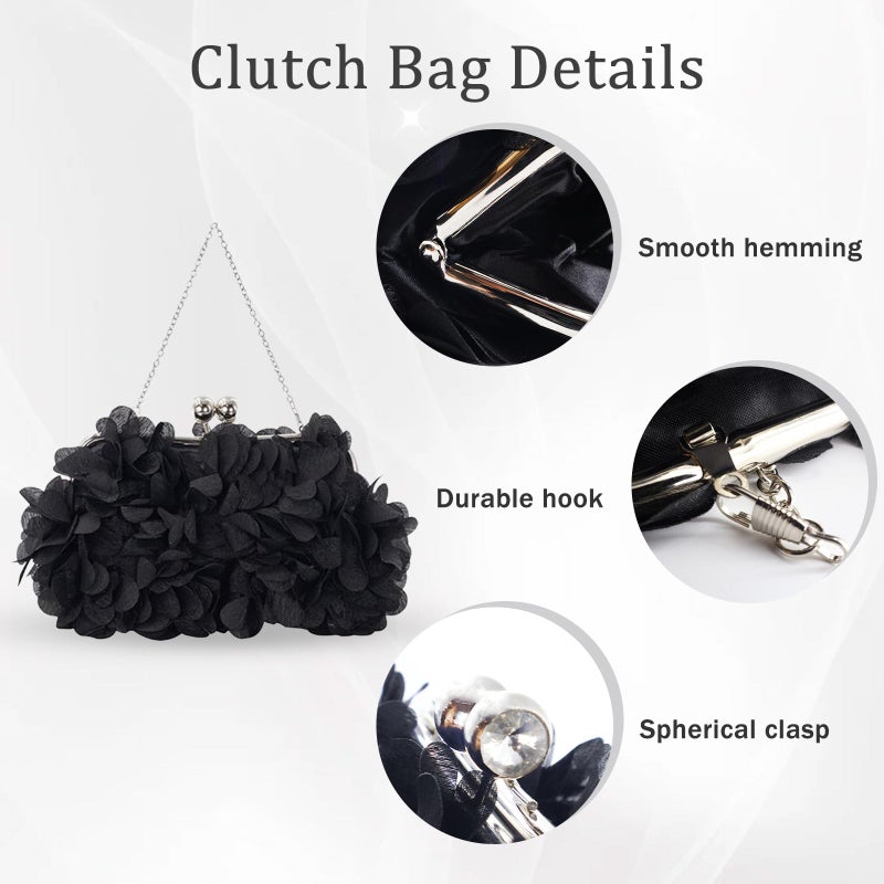 JAMBHALA Women Elegant Evening Purse, Small Floral Clutch Bag with Detachable Chain for Wedding, Party, Prom (Black) - Image 4