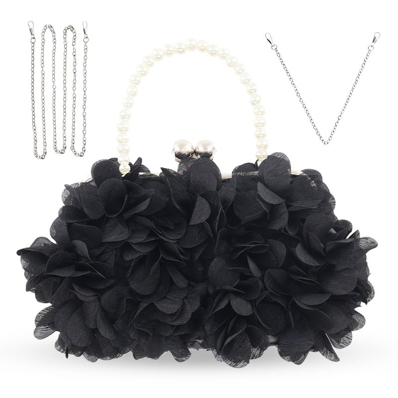 JAMBHALA Women Elegant Evening Purse, Small Floral Clutch Bag with Detachable Chain for Wedding, Party, Prom (Black) - Image 1