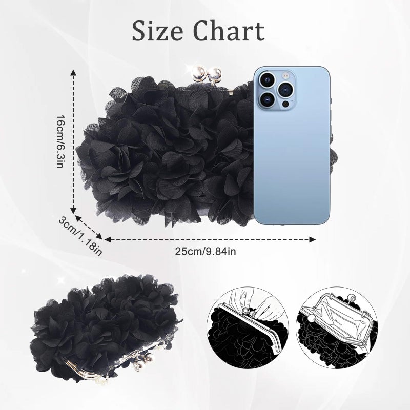 JAMBHALA Women Elegant Evening Purse, Small Floral Clutch Bag with Detachable Chain for Wedding, Party, Prom (Black) - Image 3